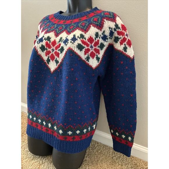 Vintage 1990 Eddie Bauer Sweater Medium 100% Wool Fair Isle Chunky Womens Blue - Picture 4 of 9